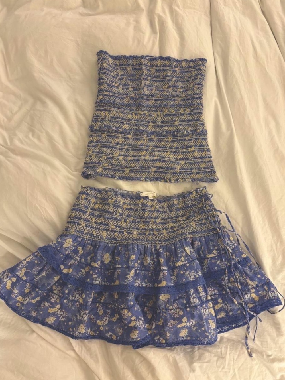 LoveShackFancy Blue Floral Ruffled Smocked Mini Skirt